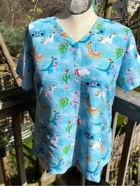 Unbranded Blue Christmas Animals Short Sleeve Scrub Top Women’s Plus Size 2XL